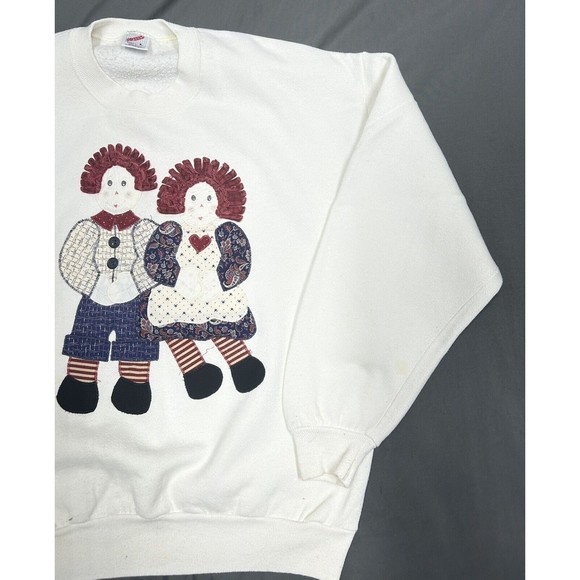 Vintage Raggedy Ann & Andy White Jerzees USA Made Crewneck Sweater Size Large - Picture 3 of 8